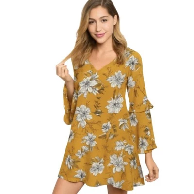 Loveriche Yellow Floral Tunic Dress S Bell Sleeve Back Cutout Boho Fall Style - Image 1 of 4