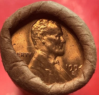 1954-S OBW ROLL 50 GEM BU+ RED LINCOLN WHEAT PENNIES IN BRANT SUNNYDALE CAL WRAP - Image 1 of 4