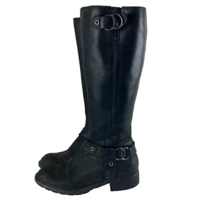 CLARKS Women Sz 8.5 Black Leather Tall Riding Harness Buckle Boots Moto Biker - Picture 1 of 11