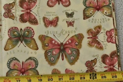 By 1/2 Yd, Pink Green Brown Butterflies on Light-Yellow Cotton, Lakehouse, P4571