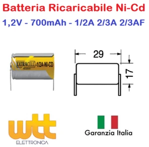 Batteria Ricaricabile NI-CD 2/3AF 2/3A 1/2A 1,2V 700mAh 29x17mm a saldare - Foto 1 di 3