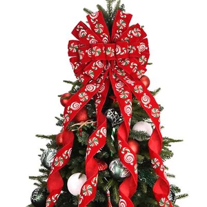 Christmas Tree Topper Bow 45"x12" Red Candy Patterned Large Rustic Farmhouse Bow - Picture 1 of 5