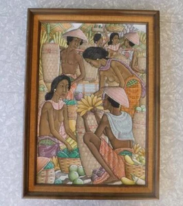 Dipinto originale firmato DW Md Bawa Ubud Marketplace Bali anni '70 191⁄2 x 271⁄2" vintage - Foto 1 di 7