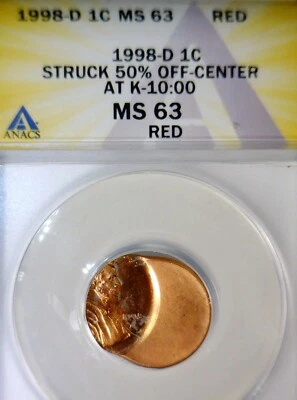 1998d ERROR ANACS MS63 RED OFF CENTER Lincoln Cent CH BU O/C Coin LOT #111   NR - Image 1 of 4