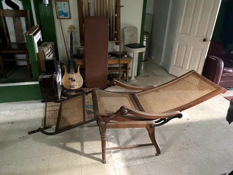 Antique 1830s Caned Walnut Reclining Mechanical Dental Arm Chair Cover