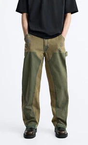 ZARA PANTALONE UOMO VERDE FALEGNAME VERNICE VERDE SPLATTER SVASATO UK 32 NUOVO CON ETICHETTE 3991/401 - Foto 1 di 2