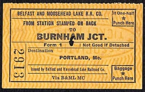 1955 Belfast and Moosehead Lake Railroad Ticket Burnham Jct. Portland, ME #2913 - Picture 1 of 2