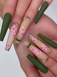 Long Olive Green with Pink Flowers Fake Nail Set Press On Nails False Nails Glue - Picture 1 of 6