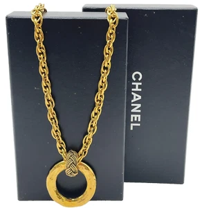 Authentic Chanel Swing Hoop Engraved Gold Plating 160.67gNecklace W/Box SE050040 - Picture 1 of 13