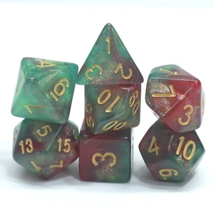 Neu 7-teiliges Polyedral Elf's Dream rot grün Glitzer Würfel Set mit Würfeltasche D&D - Bild 1 von 3