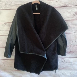 Spanx Women’s Sz M Black Faux Leather Fur Trim Long Wrap Jacket - Picture 1 of 15