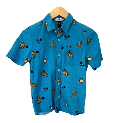 Volcom Boy's Blue Pizza & Sunshine Button-Up Shirt Size Medium 10 Collared - Image 1 of 4