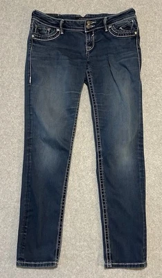 Vigoss Womens 34X32 Dark Wash Straight Leg Stretch Rhinestone Logo Tapered Jeans - Image 1 of 4