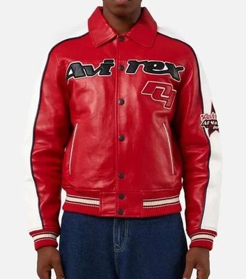 Avirex All Star & Stripe Red Leather Jacket – Vintage Varsity Bomber Retro Style - Image 1 of 4