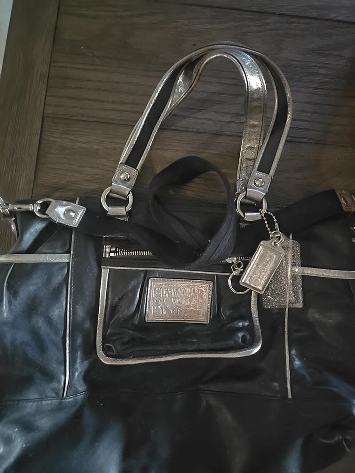 Coach Poppy Large Black/Silver Metallic Leather Satchel Purse Bag G0967-14370 - Image 1 of 4