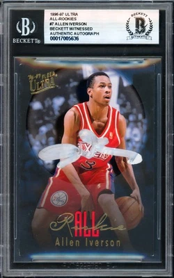 Allen Iverson Auto Firmado 1996-97 Fleer Ultra All-Rookies RC 7 76ers Beckett Wit Foto 1 de 2
