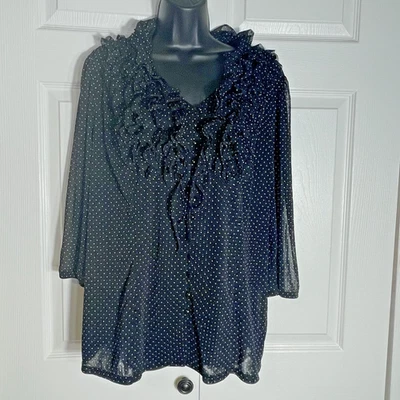 INC International Concepts Shirt Women XL Black Polka Dot Ruffle Sheer Button Up - Image 1 of 4