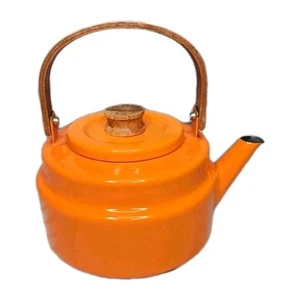 Vintage 70s Orange Enamel Tea Kettle Michael Lax Copco Teak Handle - Picture 1 of 12