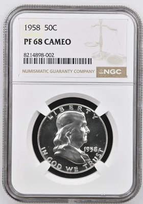 1958 Franklin Half NGC PF68 Камея Блестящая Белая PR68 Камея Морозная - Изображение 1 из 2