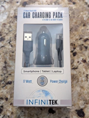 InfiniTek 17 Watt Dual USB-C USB-A Car Charging Pack 4 ft Cable Black - Image 1 of 4