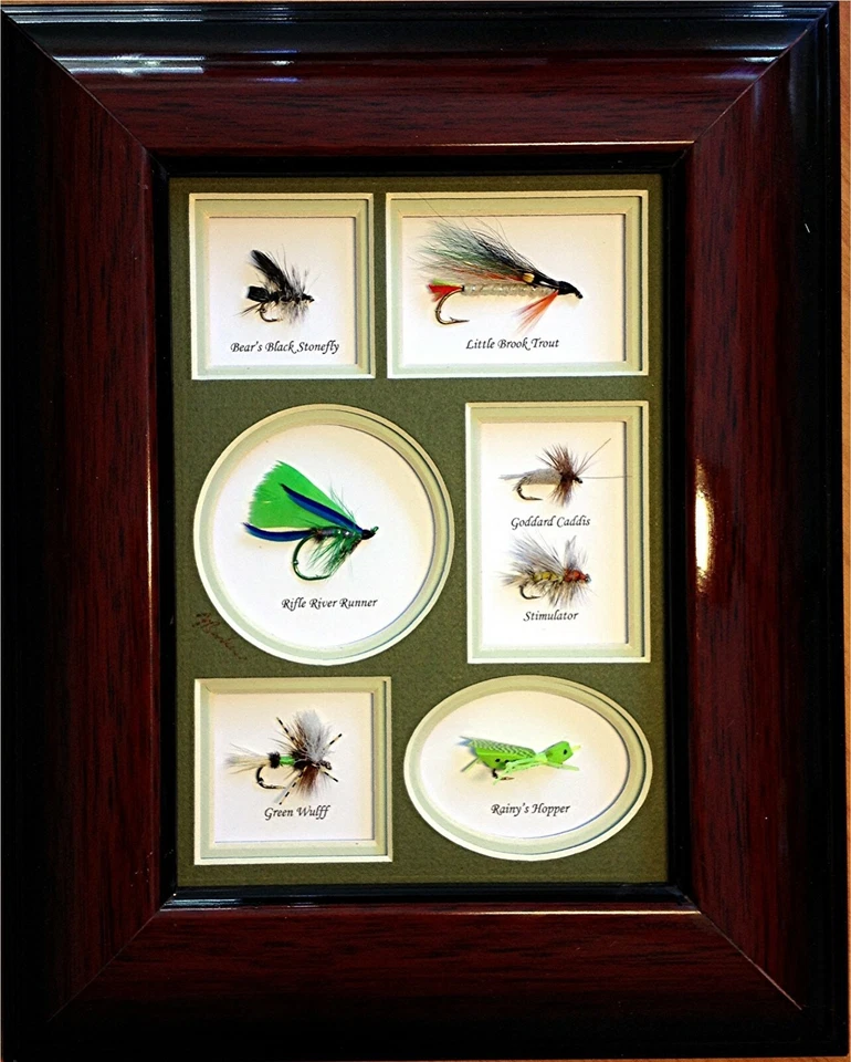 7 Framed and Mounted Trout Flies - Image 1 of 1