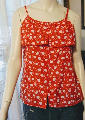 ATENCIÓN VERANO MUJER M NARANJA/BLANCO GEOMÉTRICO CAÍDA VOLANTE BOTÓN CAMISETA SIN MANGAS NUEVA CON ETIQUETAS Foto 1 de 2