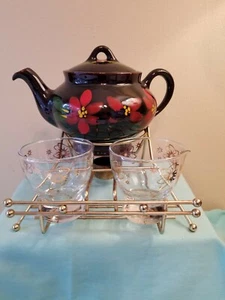 Vintage Royal Canadian Tea Pot, Creamer & Sugar Bowls, on Gold Stand with Burner - Picture 1 of 12