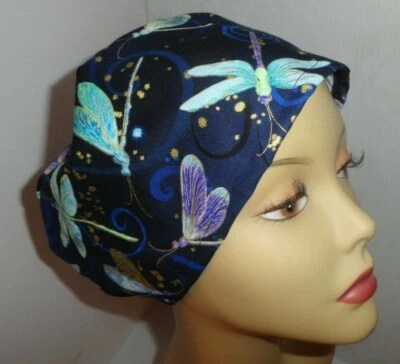 Ladies scrub hat dancing dragonflies, metallic, Vashon style elastic in back - Image 1 of 4