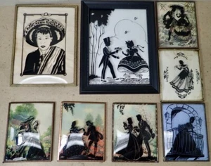 (8) Vtg & Antique Convex Glass Reverse Painted Silhouettes - Picture 1 of 13