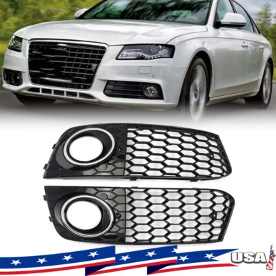 Pair Black+Chrome Front Fog Light Lamp Grille For 2009-2012 Audi A4 B8 RS4 Style - Image 1 of 4