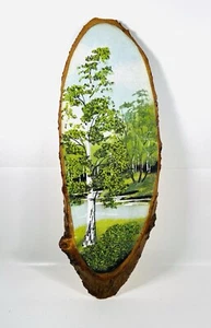 Birch Grove Scene Mixed Media Painting On Real Wood Slice Vintage ART 3D Effect - Picture 1 of 14