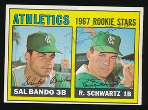 1967 Topps #33 RANDY SCHWARTZ & Sal Bando (A's) *AUTOGRAPHED*