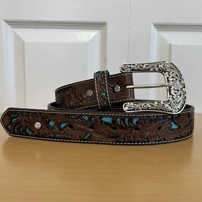 Cinturón de cuero para mujer ARIAT con incrustaciones de turquesa detalle de pedrería talla XL Foto 1 de 4