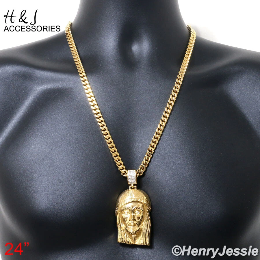 Cadena Cubana Miami Chapada en Oro 18-40" Acero Inoxidable 7mm GRAN CIRCONITA Colgante Jesús*143 Foto 1 de 4