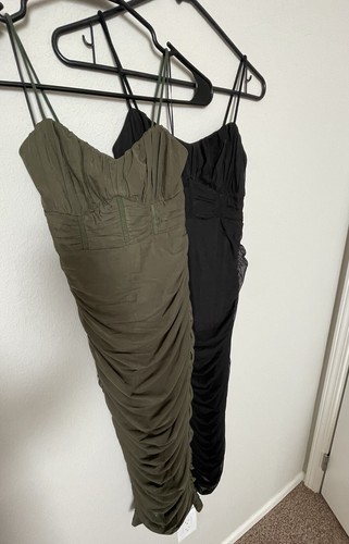 VALENTINO 2 nuovi con etichette Hello Molly abito increspato XS Slinky nero kaki midi bodycon sexy LBD