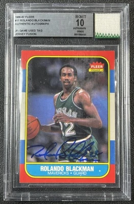 ROLANDO BLACKMAN BGS AUTÉNTICO 1986-87 FLEER 11 JERSEY FUSIÓN GU ETIQUETA PARCHE 10 AUTOMÁTICO RC Foto 1 de 3