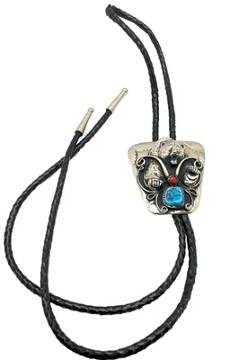 Vintage Bolo Tie Alpaca Silver Bear with Coral & Turquoise Stones - Image 1 of 4