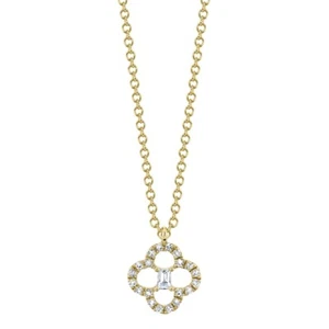 Diamond Clover Pendant Necklace 14K Yellow Gold Baguette Cut Round Womens 0.11CT - Picture 1 of 2