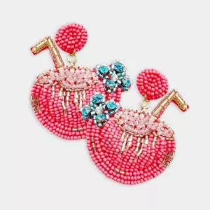 NEW Neon Pink Coconut Cocktail Tropical Drink w/ Straw Beaded Statement Earrings - Picture 1 of 3