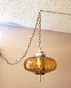 VTG Mid Century Modern Space Age UFO Amber Glass Hanging Swag Lamp Restored - Picture 1 of 12