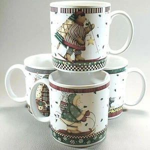 SET OF 4 SAKURA Debbie Mumm Sledding Characters Christmas 12 oz STONEWARE Mugs - Picture 1 of 11