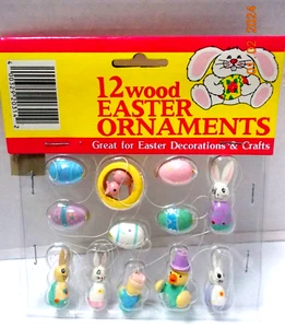 Vintage EASTER TREE WOODEN MINI ORNAMENTS 12 pcs. Eggs Bunnies Birds-New in Pack - Picture 1 of 8