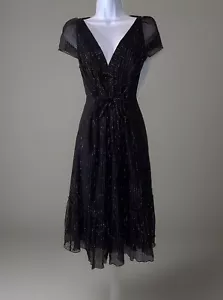 BCBG MAXAZRIA Rare2Find Y2K Black 100%Silk GoldTreads V-Neck Ruffle Midi Dress M - Picture 1 of 19