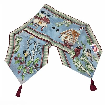 Cardinals Chickadees Christmas Birdhouses Snow Place Home Tapestry Table Runner - Image 1 of 3
