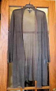 Eileen Fisher Long Gray Semi-Sheer Windowpane Open Cardigan Sweater S M - Picture 1 of 5