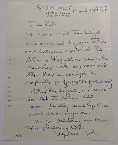 Senator John Chafee Autograph Letter Signed - To NY Senator Daniel P. Moynihan Cover