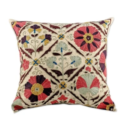 Decorative Throw Pillow Hand-Embroidered Cover of 100 % Natural Mulberry Silk - Image 1 of 4
