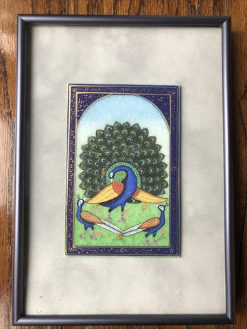 Hand Painted Enamel Plaque 3 Peacocks Birds Framed 10x7 Persian Indian Art Decor Cover