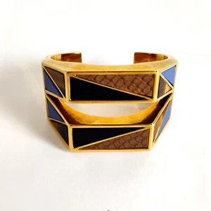 Ann Taylor Modernist Cuff Bracelet 44mm Wide Gold Tone Tiger Eye Blue Stone 6.5" - Picture 1 of 15