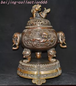 21'' old bronze Lion elephant Handle With base sacrifice Incense burner Censer - Picture 1 of 19